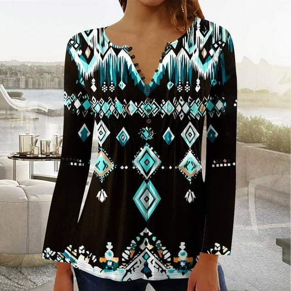 YOTAMI Women's Button Down Shirts Long Sleeve V-Neck Printed Plus Size Tops for Gift Ruffled Soft Tops Multicolor M