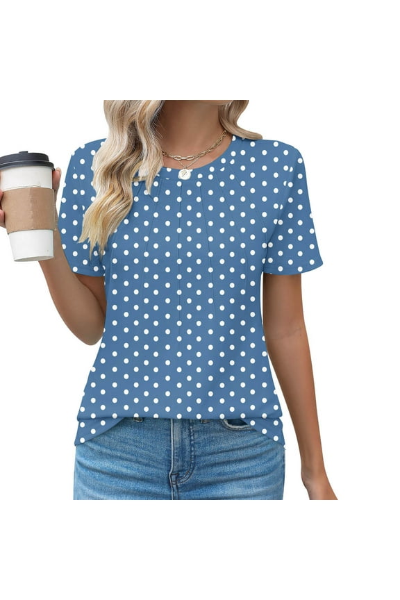Women's Casual Plus Size Tops Crew Neck Pleated Summer Graphic T Shirts for Beach Vacation Short Sleeve Polka Dot Print Oversized Tees Blouses Blue