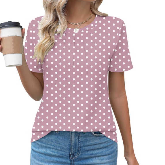 YOTAMI Women's Casual Plus Size Tops Crew Neck Pleated Summer Graphic T Shirts for Beach Vacation Short Sleeve Polka Dot Print Oversized Tees Blouses Pink