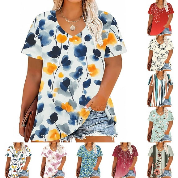YOTAMI Women's Casual Tops Plus Size Clothes Summer Floral Print Graphic Tees Short Sleeve V-Neck Loose Fit Pullover Blouses White