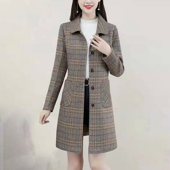 YOTAMI Women's Classic Mid-Length Single Breasted Coat Plaid Print Cozy Wool Blend Coat for Work Lapel Cardigan Tops Khaki