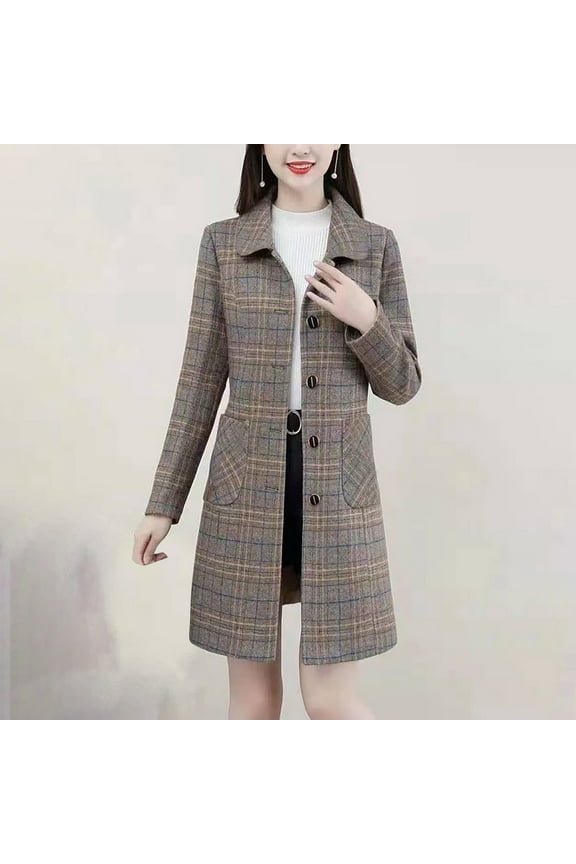 Women's Classic Mid-Length Single Breasted Coat Plaid Print Cozy Wool Blend Coat for Work Lapel Cardigan Tops Khaki