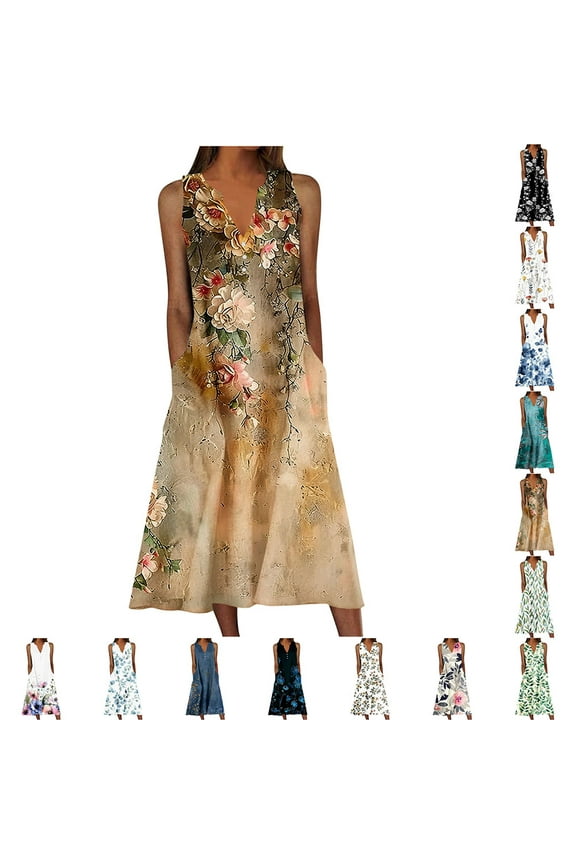 Summer Dresses for Women Plus Size Beach Vacation Casual Dresses with Pocket Sleeveless Boho Floral Print Swing Midi Dress