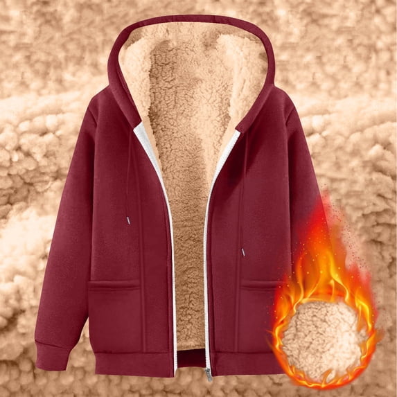 YOTAMI Women's Fleece Line Hooded Coat Dressy Casual Solid Color Zip Up Long Sleeve Hoodie for Work Pocket Cozy Coat Wine, S