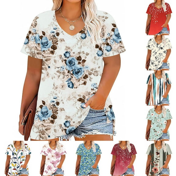YOTAMI Women's Floral Graphic Tees Plus Size V-Neck Casual Tops Summer Fashion Short Sleeve Loose Fit Pullover Blouses Black