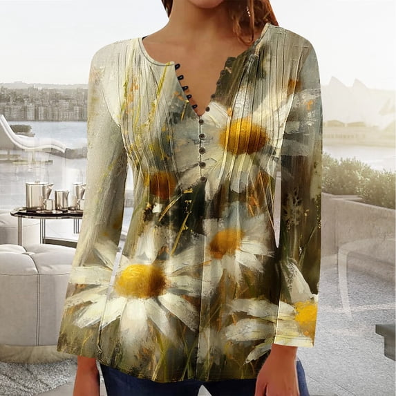 YOTAMI Women's Floral Print Tops Ruffled Plus Size Tops for Daily Long Sleeve Button V-Neck Fall Fashion Tops Multicolor L