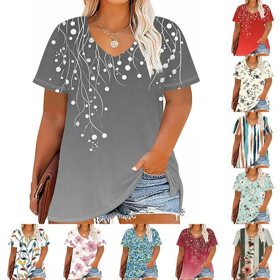 YOTAMI Women's Floral Tops Plus Size V-Neck Short Sleeve Casual Pullover Tops Summer Fashion Loose Fit Blouses Gray
