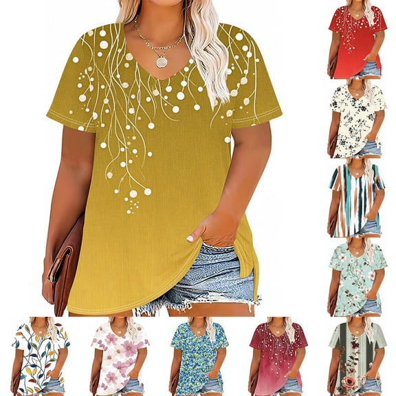 YOTAMI Women's Floral Tops Plus Size V-Neck Short Sleeve Casual Pullover Tops Summer Fashion Loose Fit Blouses Yellow