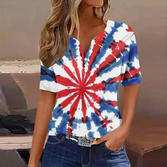 YOTAMI Women's Independence Day Printed Tops Plus Size Short Sleeve Casual Tops Button V-Neck 4th of July American Flag Blouses Sizes S-XXXL