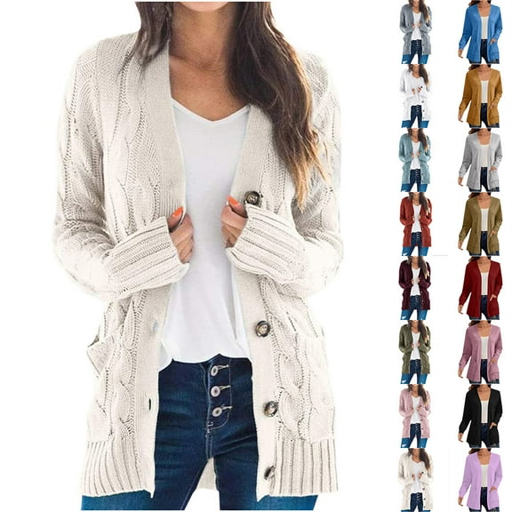 YOTAMI Women's Sweater Cardigan Long Sleeve Cable Knit Long Cardigan with Pocket Button Open Front Sweater Loose Fall Winter Outerwear Coat