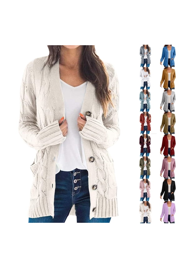 Women's Sweater Cardigan Long Sleeve Cable Knit Long Cardigan with Pocket Button Open Front Sweater Loose Fall Winter Outerwear Coat