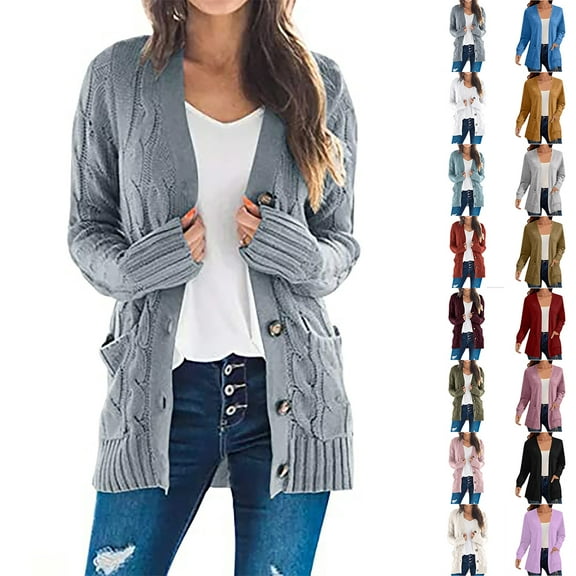 YOTAMI Women's Sweater Cardigan Long Sleeve Cable Knit Long Cardigan with Pocket Button Open Front Sweater Loose Fall Winter Outerwear Coat