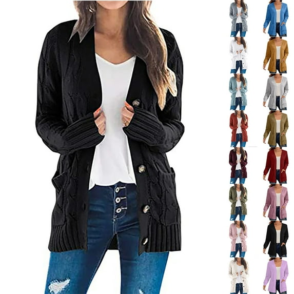 YOTAMI Women's Sweater Cardigan Long Sleeve Cable Knit Long Cardigan with Pocket Button Open Front Sweater Loose Fall Winter Outerwear Coat