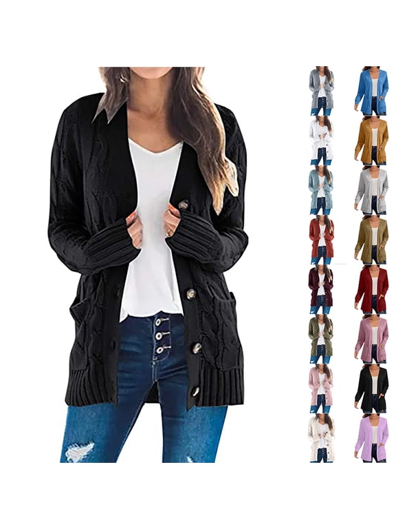 Women's Sweater Cardigan Long Sleeve Cable Knit Long Cardigan with Pocket Button Open Front Sweater Loose Fall Winter Outerwear Coat