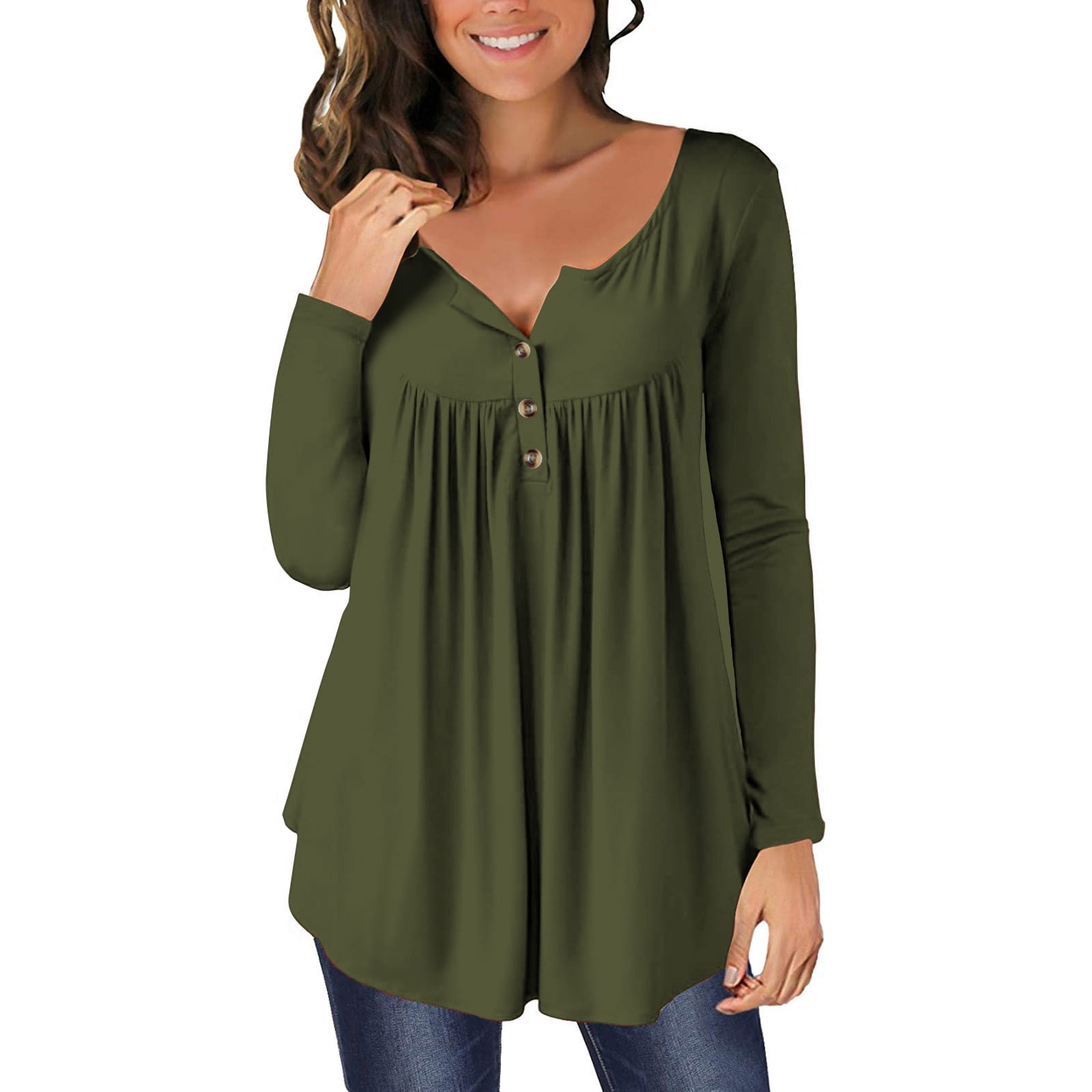 Yotami Fall Tops For Women Long Sleeve Button Casual Tunic Tops Solid