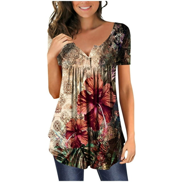 Yotami Plus Size Womens Summer Top Floral Print Short Sleeve Crew