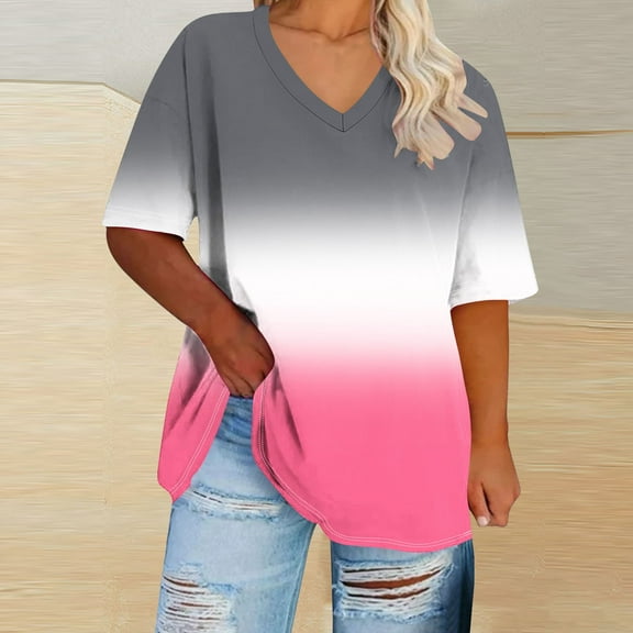 YOTAMI Women's Plus Size V-Neck T-Shirts - V-Neck Colorblock Graphic T-Shirts for Vacation Short Sleeve Comfortable Clothes Hot Pink, Sizes 1X-5X