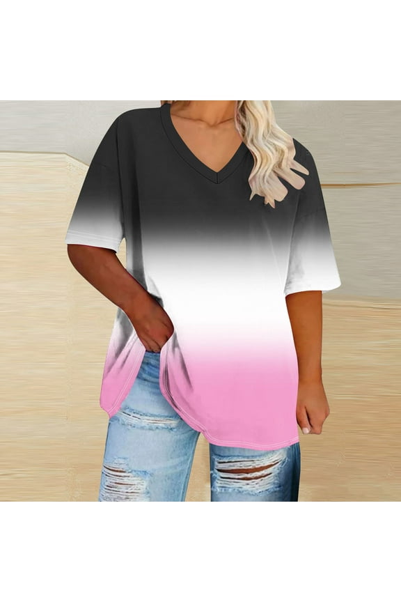 Women's Plus Size V-Neck T-Shirts - V-Neck Colorblock Graphic T-Shirts for Vacation Short Sleeve Comfortable Clothes Pink, Sizes 1X-5X