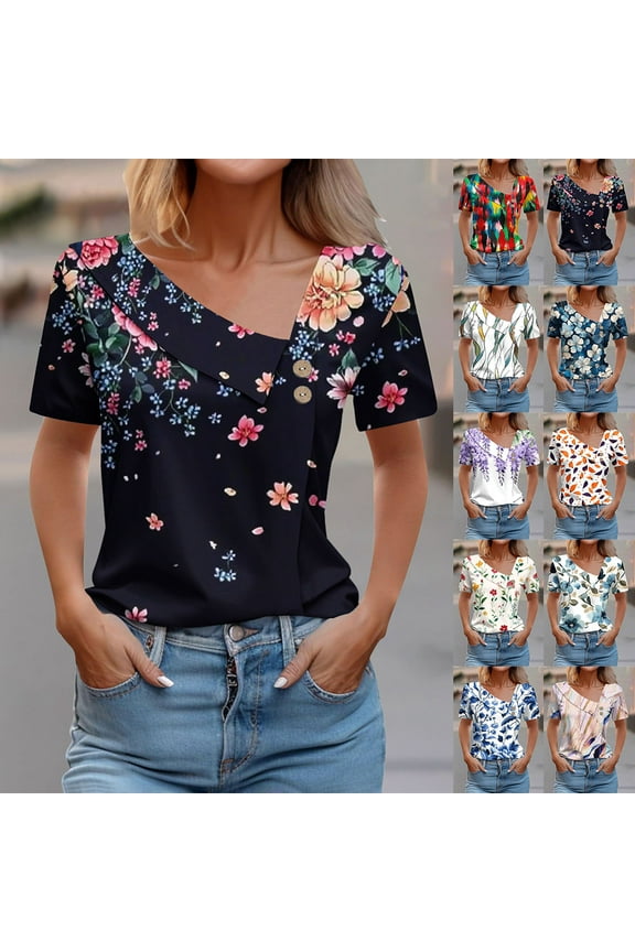 Women's Plus Size V-Neck Tops V-Neck Floral Print Graphic Tees for Home Short Sleeve Comfortable Blouses Multicolor, Sizes S-3X