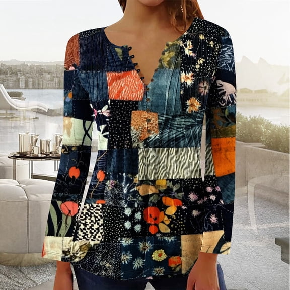 YOTAMI Women's Printed Long Sleeve Tops Ruffled Button V-Neck Plus Size Tops for Gift Trendy Casual Blouses Multicolor XXL
