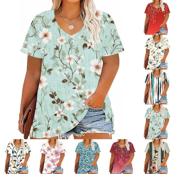 YOTAMI Women's Short Sleeve Tops Plus Size V-Neck Casual Tops Summer Floral Print Loose Fit Blouses White