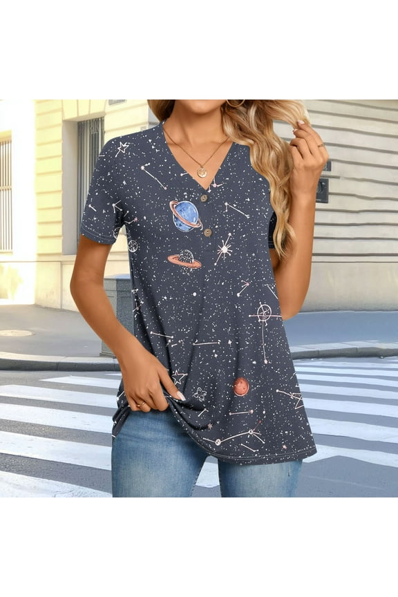 Women's Tops Plus Size Summer Floral Print Graphic Tees for Shopping Button V-Neck Short Sleeve Oversized Tees Blouses Blue