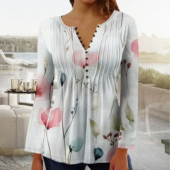 YOTAMI Women's V-Neck Tops Button Down Collar Plus Size Blouse for Fall Winter Long Sleeve Floral Print Ruffled Comfortable Shirts Multicolor XL