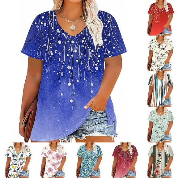 YOTAMI Women's V-Neck Tops Plus Size Short Sleeve Casual Tops Summer Fashion Floral Print Loose Fit Blouse Blue
