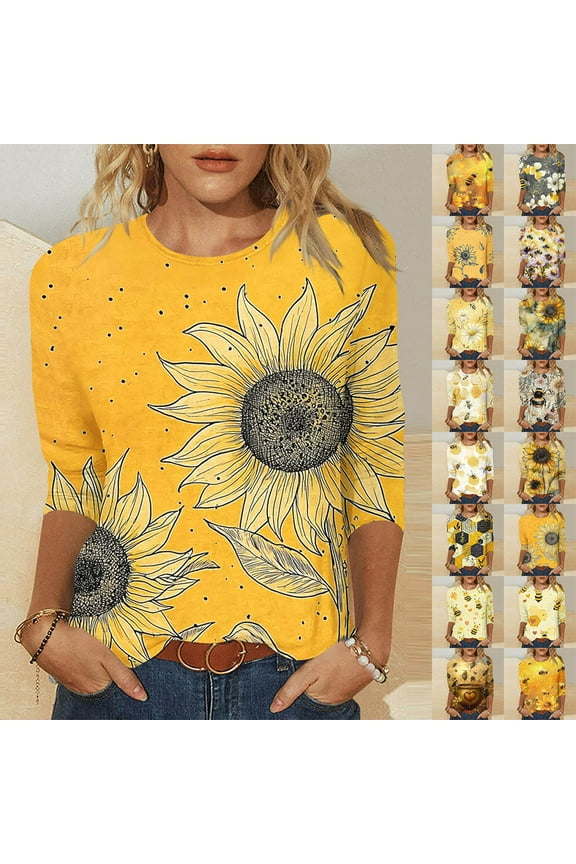 Womens Plus Size 3/4 Sleeve Tops Summer Sunflower Print Tops Crew Neck Loose Fit Tshirts Yellow