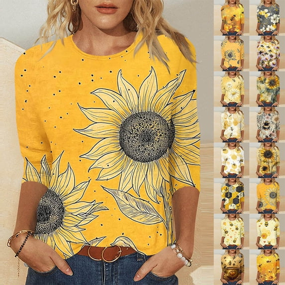 YOTAMI Womens Plus Size 3/4 Sleeve Tops Summer Sunflower Print Tops Crew Neck Loose Fit Tshirts Yellow