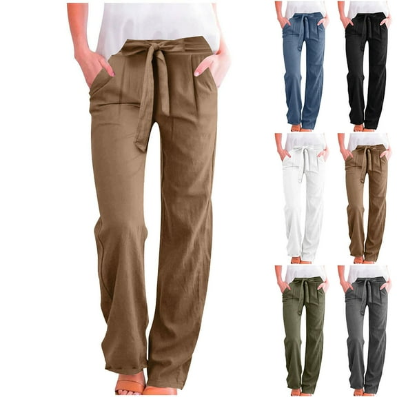 Yotami Summer Cotton Linen Pants for Women Plus Size, Straight Leg Casual Long Pants with Pocket, Drawstring High Waisted Loose Fit Pants Coffee, Size S