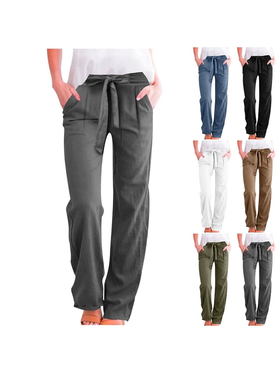 Womens Pants, Summer Drawstring Linen Pants Straight-Leg Plus Size Pants Casual Loose Pants with Pocket, W30" L43"