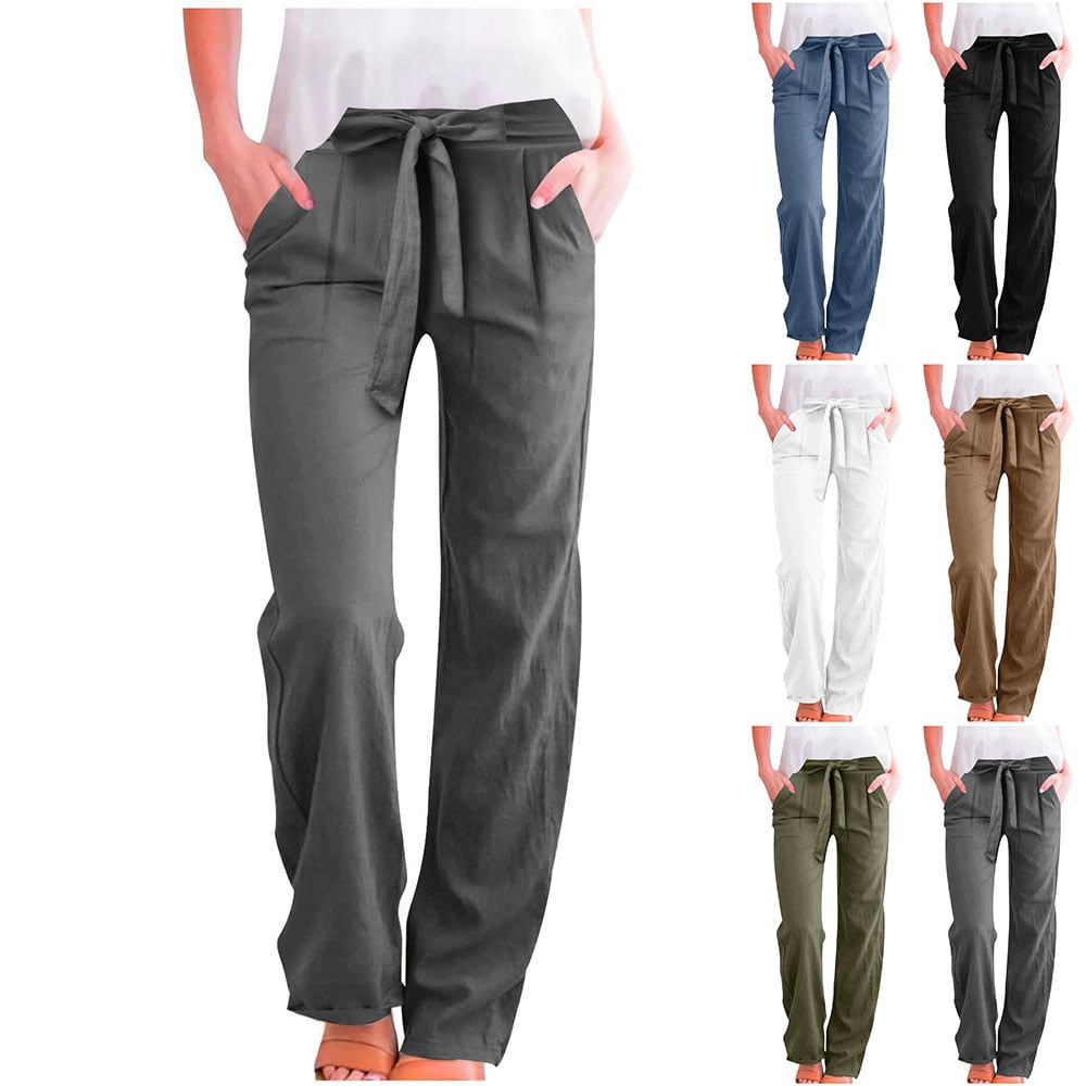 Summer Linen Pants for Women Plus Size Straight-Leg Long Pants with Pocket Drawstring Loose Casual Pants Gray XXL