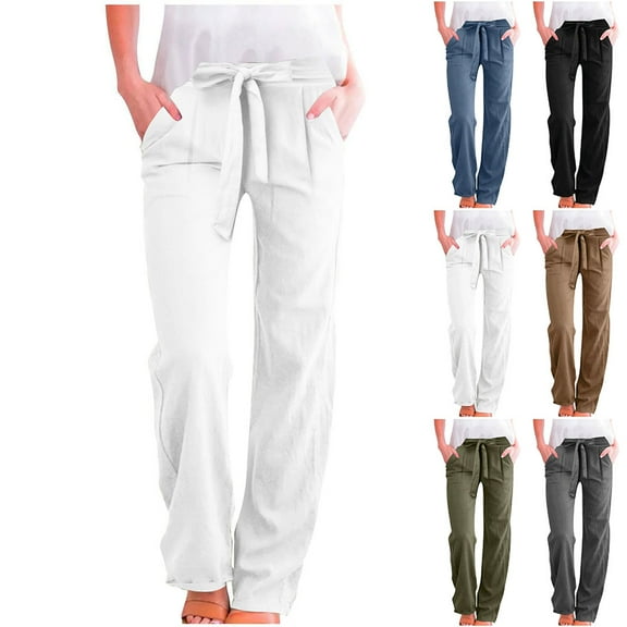 Yotami Summer Cotton Linen Pants for Women Plus Size, Straight Leg Casual Long Pants with Pocket, Drawstring High Waisted Loose Fit Pants White, Size XXL
