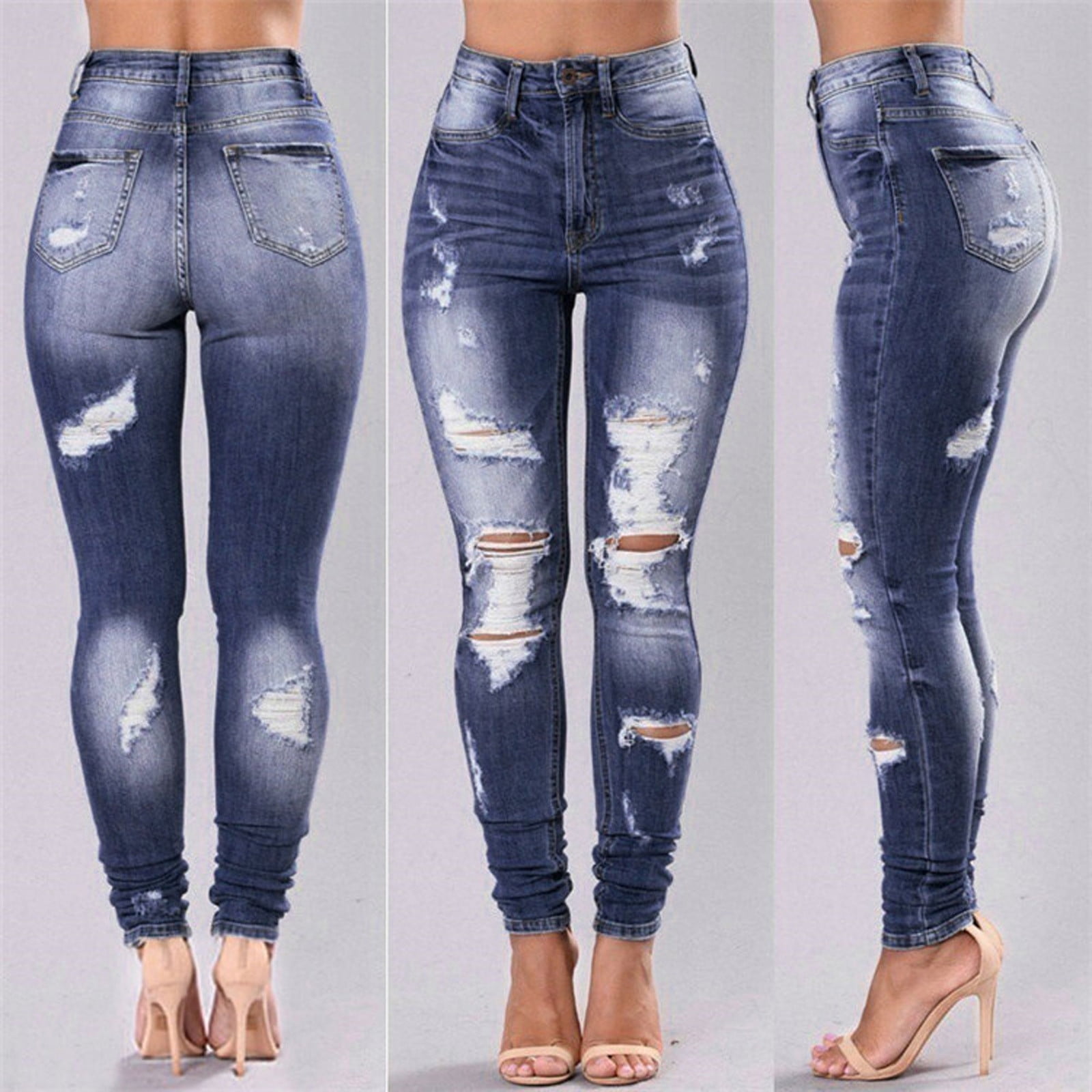 YOTAMI Denim Jeans Pants Mid Rise Ripped Denim Jeans Fashion under $15 Curvy Skinny Jeans Dark Blue S-6XL - Walmart.com