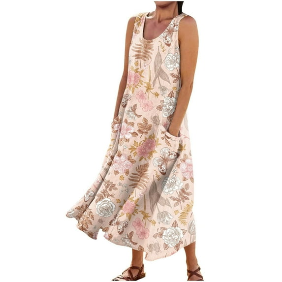 YOTAMI Summer Dresses for Women Plus Size Loose Fit Cotton Linen Dresses with Pockets for Beach Vacation Sleeveless Flowy Casual Maxi Dresses White