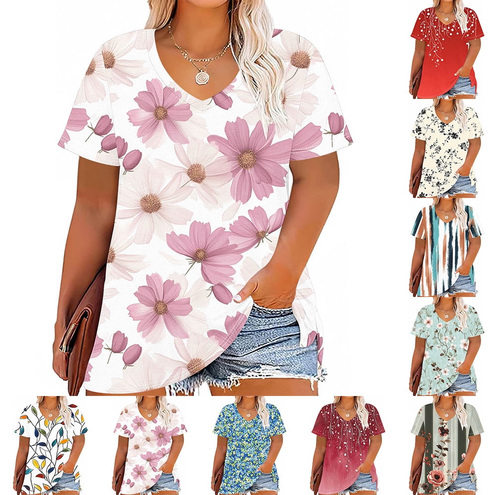 YOTAMI Womens Fashion Tops Floral Print Casual Tops Plus Size V-Neck ...