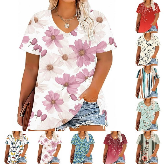 YOTAMI Womens Fashion Tops Floral Print Casual Tops Plus Size V-Neck Short Sleeve Loose Fit Summer Blouses White