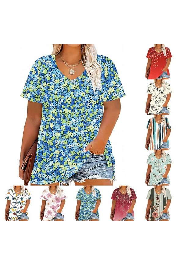 Womens Plus Size Floral Tops V-Neck Short Sleeve Summer Graphic Tees Fashion Loose Fit Casual Blouses Blue