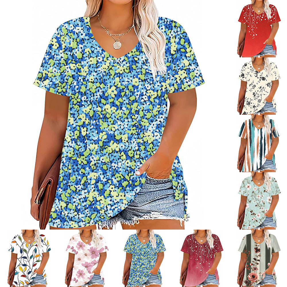 YOTAMI Womens Floral Blouses Clearance Plus Size V-Neck Short Sleeve Summer Graphic Tees Fashion Loose Fit Casual Tops Blue