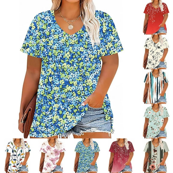 YOTAMI Womens Plus Size Floral Tops V-Neck Short Sleeve Summer Graphic Tees Fashion Loose Fit Casual Blouses Blue