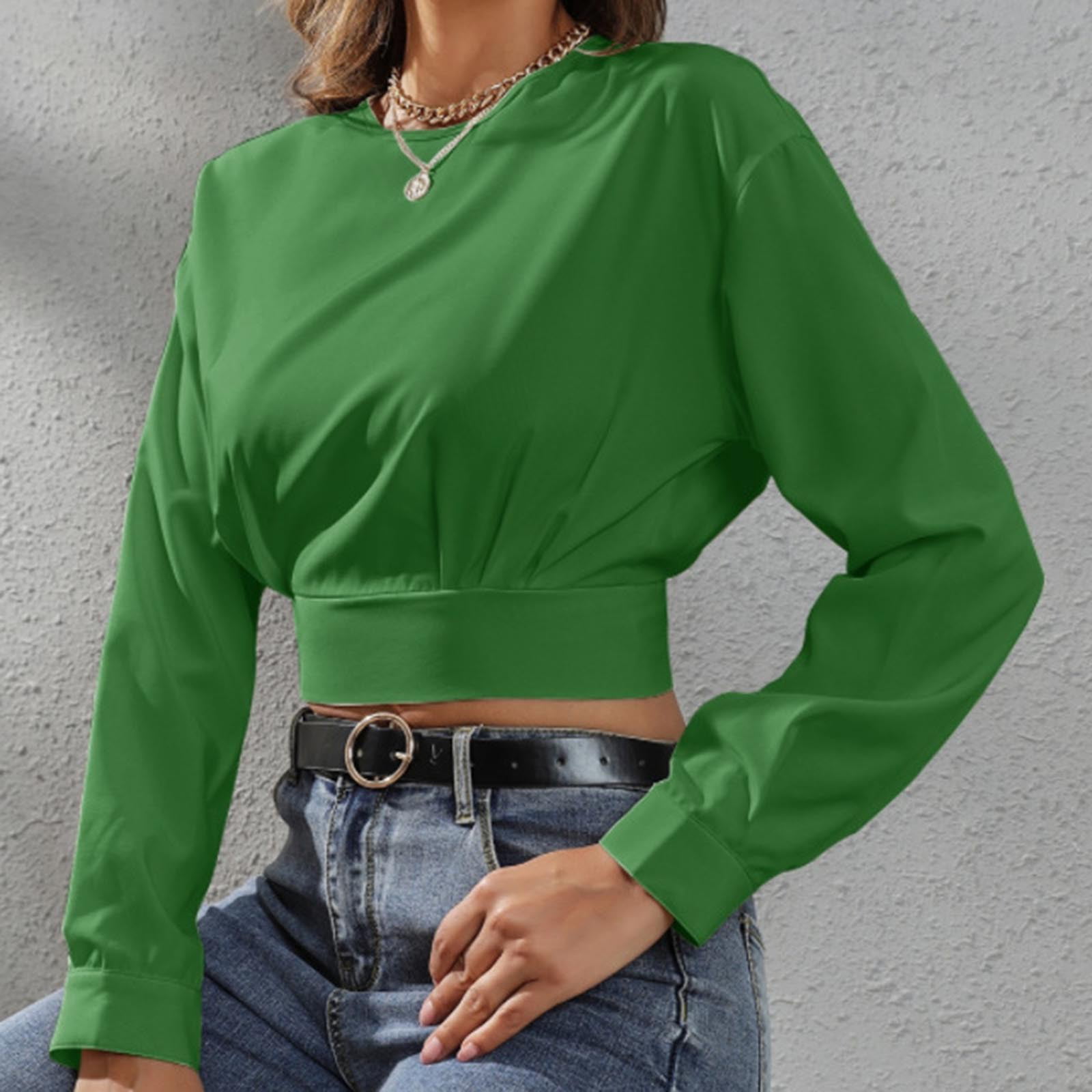 YOTAMI Tops for Women - Long Sleeve Crew Neck Lighting Deals of the Day  Clearance Solid Color Autumn and Winter Green Tops 