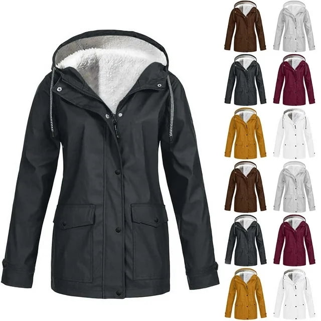 YOTAMI Jacket for Women Winter Fashion Fleece Lined Solid Color Warm Casual Coats with Hooded Drawstring Zip-up Button Down Neck Jackets for Hiking, Outdoor Dark Gray, Size M