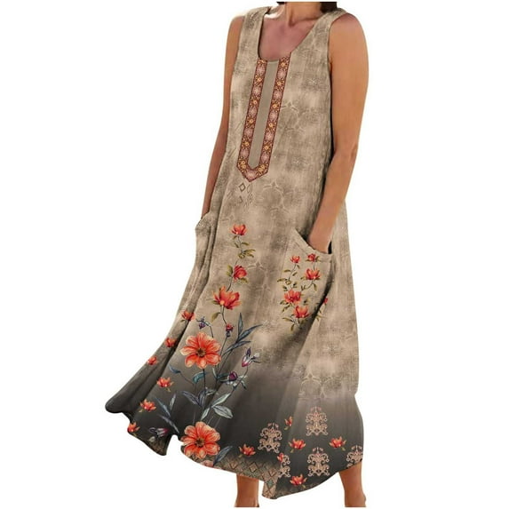 YOTAMI Summer Dresses for Women Plus Size Loose Fit Cotton Linen Dresses with Pockets for Beach Vacation Sleeveless Flowy Casual Maxi Dresses Brown