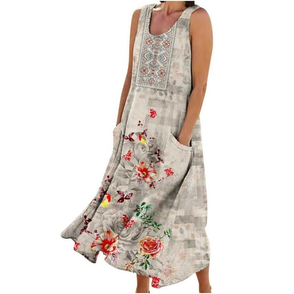 YOTAMI Summer Dresses for Women Plus Size Loose Fit Cotton Linen Dresses with Pockets for Beach Vacation Sleeveless Flowy Casual Maxi Dresses Gray