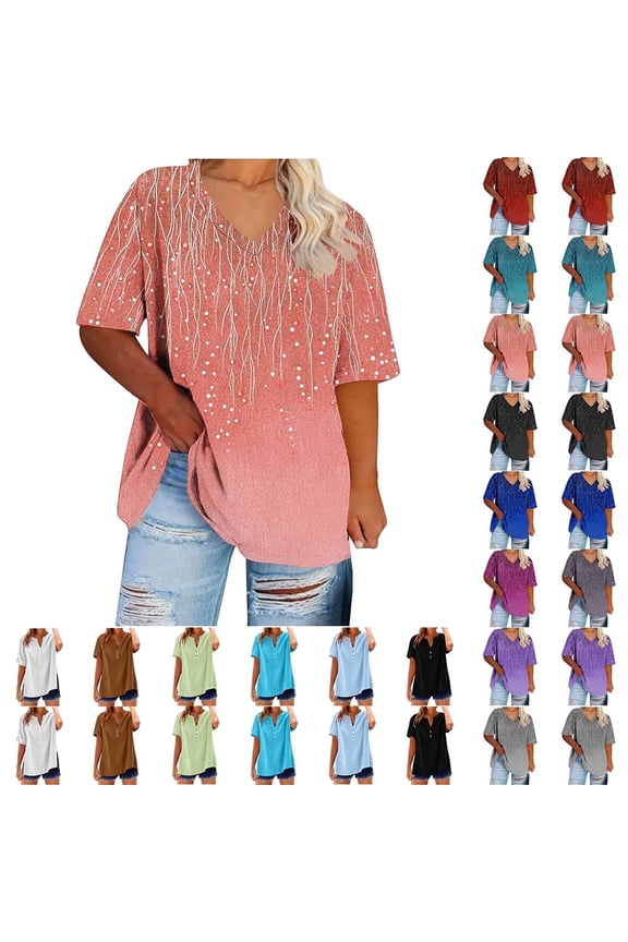 Womens Tops Summer Casual Plus Size Blouses Short Sleeve V-Neck Fashion Gradient Print Loose Fit Shirts Clothes