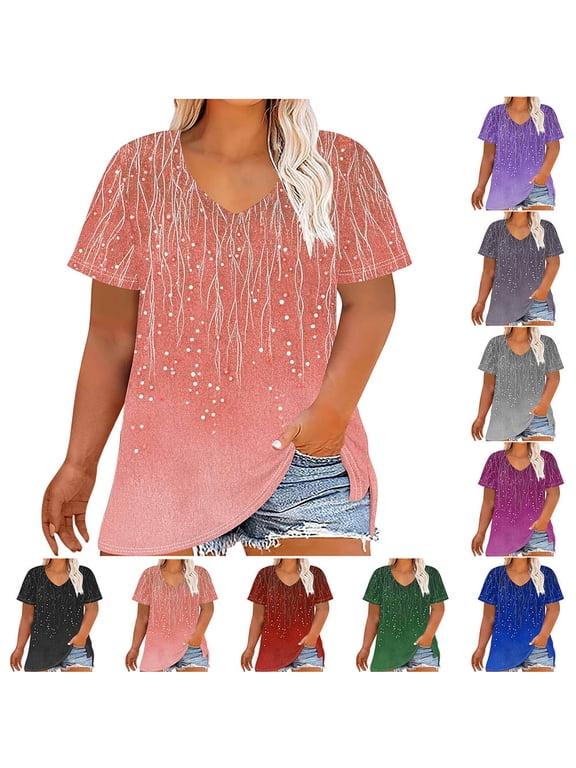 Womens Plus Size Tops Short Sleeve V-Neck Loose Fit Blouses for Women Summer Fashion Gradient Print Casual Shirts Beige