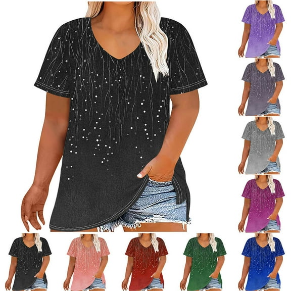 YOTAMI Womens Plus Size Tops Short Sleeve V-Neck Loose Fit Blouses for Women Summer Fashion Gradient Print Casual Shirts Black
