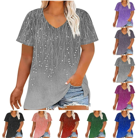 YOTAMI Womens Plus Size Tops Short Sleeve V-Neck Loose Fit Blouses for Women Summer Fashion Gradient Print Casual Shirts Blue