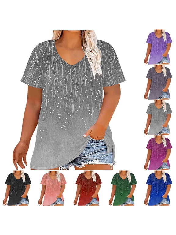 Womens Plus Size Tops Short Sleeve V-Neck Loose Fit Blouses for Women Summer Fashion Gradient Print Casual Shirts Blue